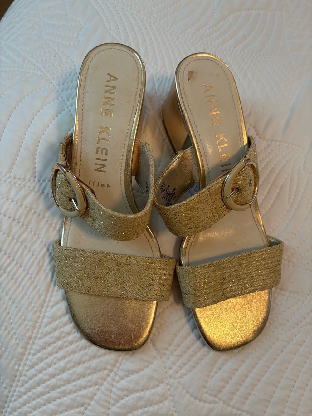Anne Klein Metallic Gold Woven Buckle Chunky Heel